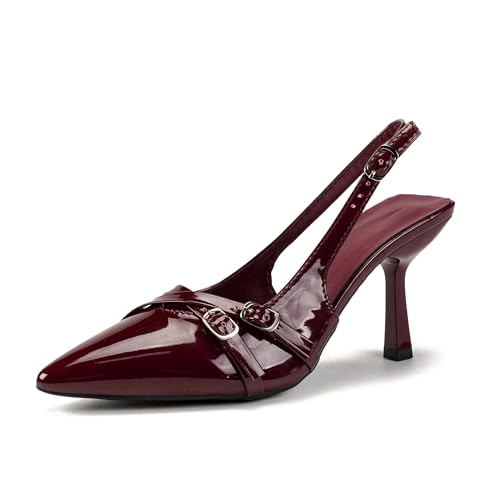 Women's Slingback Heels with Buckle Straps – Pointed Toe Burgundy Patent Leather Dress Sandals – Sexy Stiletto Pumps for Work, Party, Wedding and Evening Outfits