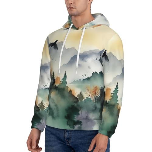 Men's Fleece Pullover Hoodie Long Sleeve Hooded Mountain birds watercolor Sweatshirt Casual Shirts With Pockets Medium Black3