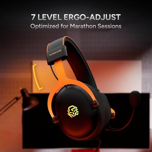 Image of KARNAGE by EVM Velocity RGB Gaming Headset with Mic | 50mm Drivers | 7.1 Surround Sound | ENC Microphone | Noise Isolation Ear Cups | Braided Cable | PC /Mac /PS /VR | Black-Orange