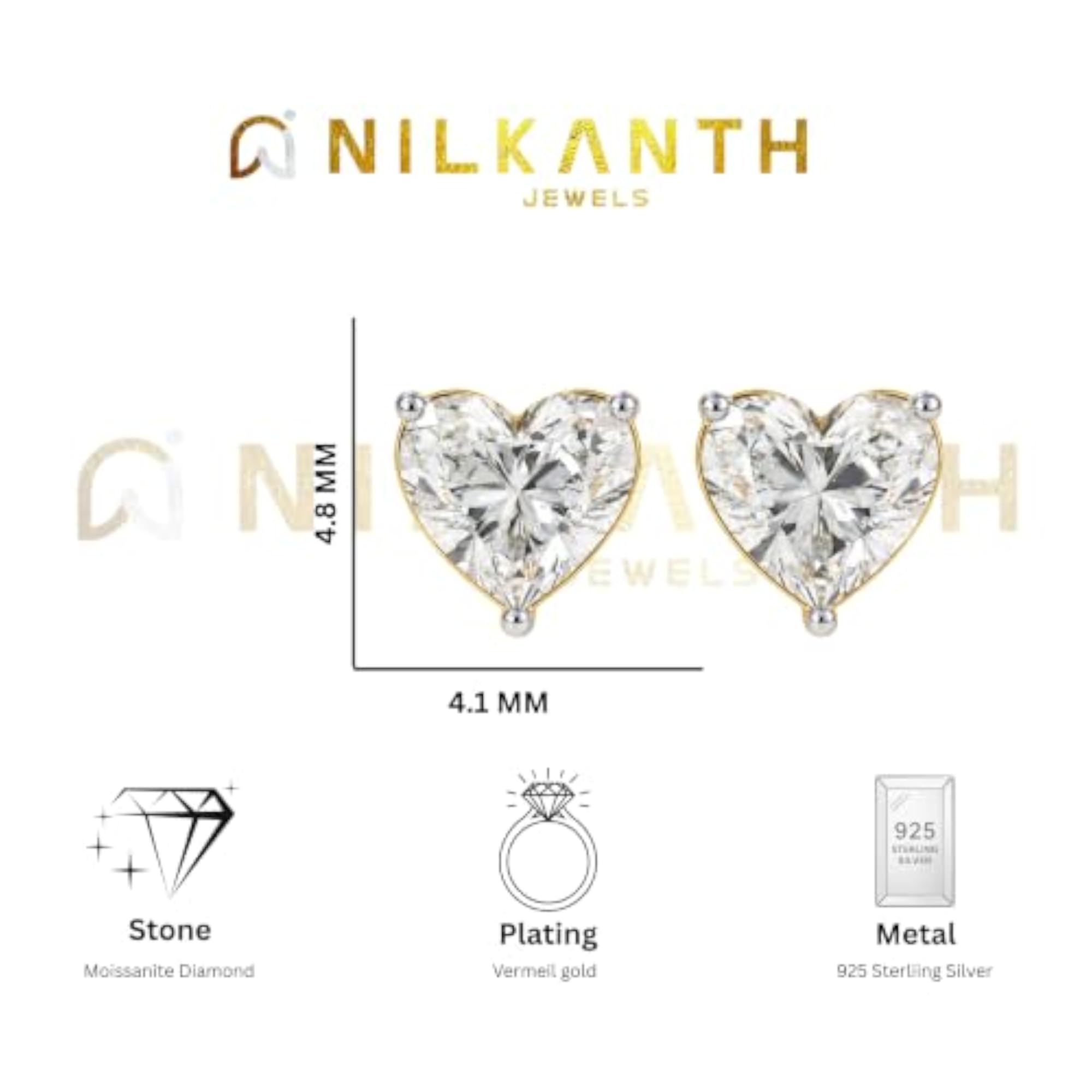 18Kt Gold Plated 925 Sterling Silver Heart Solitaire Stud Earrings