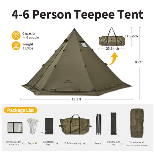 Image of Naturehike Ranch Fire Teepee Tent, Cold Weather Winter Hot Tent with Stove Jack, 4-6 Person Waterproof Windproof 4 Season Tents for Camping