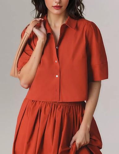 Image of Womens Summer 2 Piece Outfits Skirt Sets Button Short Sleeve Tops Elastic Waist Maxi Dress Sets with Pockets