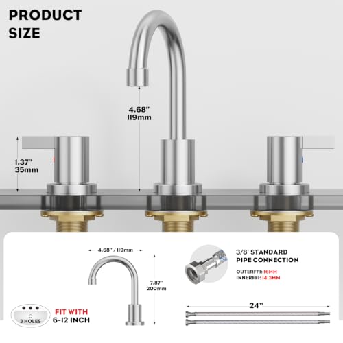 Widespread 8 Inch Lead-Free Brushed Nickel Stain-Resistant Bathroom Faucet(Stainless Steel), 2 Handle 3 Hole Swivel Spout RV Bathroom Vanity Sink Faucet with Metal Drain & Supply line, BF03042-K01-GBN by phiestina - Used condition - Image 3
