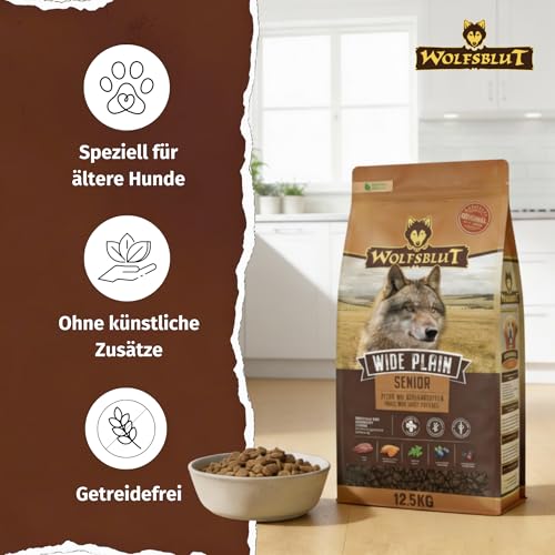 WOLFSBLUT – Wide Plain Senior | Trockenfutter mit natürlichen Zutaten und wertvollen Superfoods für ältere Hunde. Getreidefreies Alleinfutter ohne Zusatzstoffe im Beutel | 4x2kg Pferd
