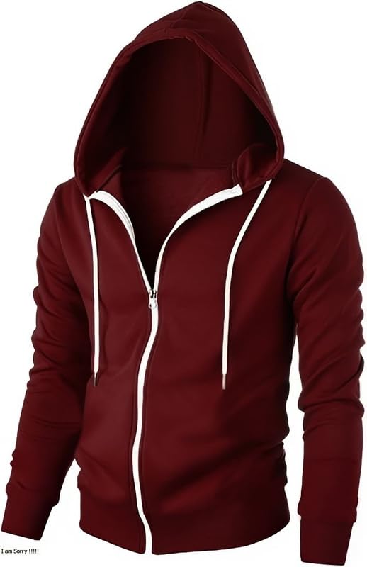 Mens Casual Solid Cotton Blend Relaxed Fit Hoodie T-Shirt with Drawstring - Full Zip Closure