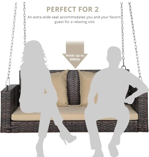 Image of India Hanging Swing Seater Patio Wicker Swings Outdoor Solid Chain Comfortable Back Front Porch for Garden Balcony (Brown +Cream Cushion with Cream Pillow, 2 Seater)