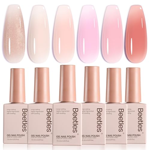 Image of Beetles Nude Gel Nail Polish Set - 6 Colors Pink Jelly Gel Polish Kit Neutral Shimmer Translucent Sheer Gel Soak off Uv Nail Concealer French Nail Art Manicure Gift for Women
