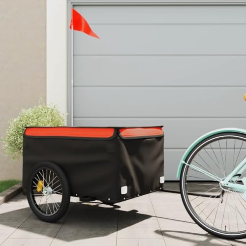 Teenpull Remolque de bicicleta negro y naranja de hierro con capacidad de carga de 45 kg, 130 x 69 x 59 cm, barra de remolque, bandera de seguridad, remolque de transporte para equipaje, carga