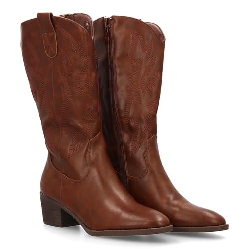 shoes&blues.es 95539 Bota Cowboy con Bordados Decorativos en la Cana y Tacon Ancho Comodo. Ideal...