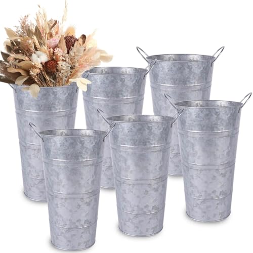 12 Inch Galvanized Metal Vases for Flowers - 6 Pcs Farmhouse Decorative Tall Flower Bucket with Handles, Rustic French Tin Planter Buckets for Wedding Decor (Silver)