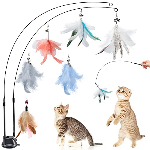 Hysagtek 9 Stück Katzen Spielzeug mit Abnehmbarem Saugnapf, Interaktives Katzenspielzeug Federn, Glocken Federkopf Ersatz Set Glocken Zauberstab Spielzeug Katze, Katze Zauberstab Spielzeugdraht Cover