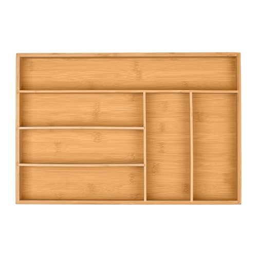 Relaxdays Cubertero Cajón Bambú 6 Divisiones, Organizador Cubiertos y Utensilios Madera, 5x44,5x30cm, Marrón Natural