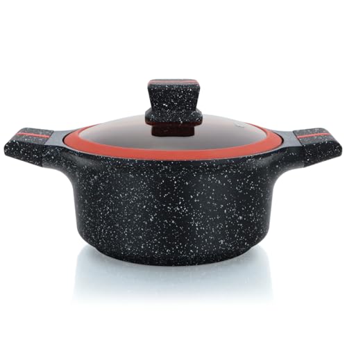 Herzberg, HGRSCAS32, Granit-Kasserolle mit Glasdeckel, 32 cm, ideal für gesundes Kochen, kratzfest, leicht zu reinigen, Farbe Rot und Schwarz