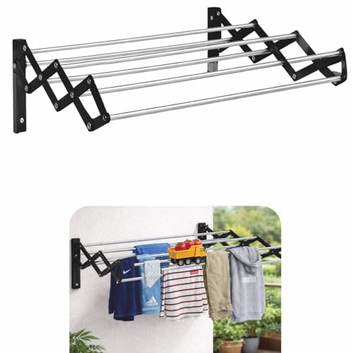 Image of JIALTO Wall Mounted Foldable Clothes Drying Rack Black 62.5 Cm Stainless Steel Expandable Laundry Drying Stand, Heavy Duty Scissor Style Cloth Hanger for Balcony Bathroom Utility Area