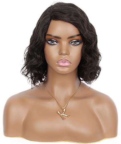 Brinbea 10” Short Body Wavy Human Hair Wigs for Dark Skin Women 4 inch Lace Side Parting 150% Density Remy Human Hair Wigs (Natural Black)