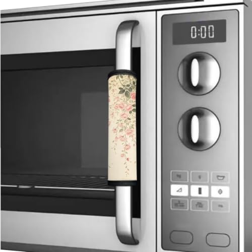 Image of 6 Pcs Refrigerator Microwave Door Handle Covers Electrical Appliances Handle Protector Keep Clean and Protected from Oil Stains, Fingerprints, Liquids, Beige Pink Floral Pattern