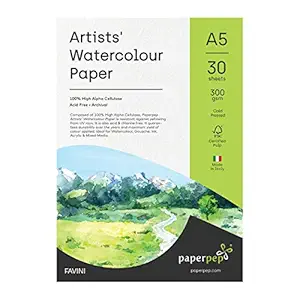 Artists' Watercolour Paper 300GSM Cold Pressed A5 Pack of 30 for Watercolour, Gouache, Ink, Acrylic, Wet & Mixed Media, Art Painting, Drawing for Artists' & Amateurs