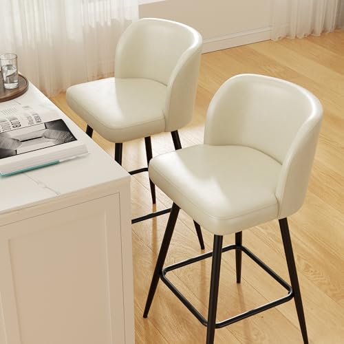 Image of Swivel Bar Stools Set of 3, 26in Counter Height Bar Stools with High Back and Metal Legs, Faux Leather Bar Chairs, Modern Barstools for Kitchen Island, Beige