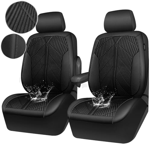 Image of CAR PASS Waterproof Car Seat Covers,Oxford Leather Front Seat Covers,All-Weather Non-Slip Durable,Universal Fit for SUVs Sedans Trucks Vans Automotive,Armrest Airbag Compatible,Emboss 2 Black