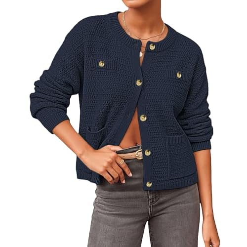 Bsubseach Cardigan Sweaters for Women with Pockets Fall Cropped Cardigans Trendy Button Up Sweaters Navy Blue Large