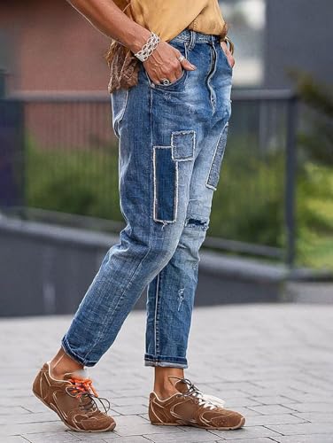 Flamingals Barrel Legs Straight Leg Mid Rise Casual Wash Ripped Patched Denim Jeans2