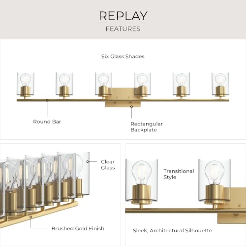 Image of Progress Lighting Replay 48 Inch 6-Light Vanity Light, Transitional, Brushed Gold with Clear Glass Shades, (7.875 inch H x 48 inch W x 6 inch D), P300585-191