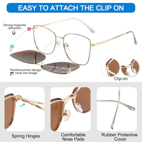 Image of Women's Large Blue Light Blocking Glasses plus Magnetic Sunglasses Clip, Easy to Switch to Shades for Driving