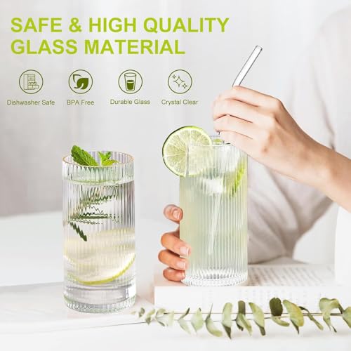 Image of Ribbed Glass Tumbler with Bamboo Lid & Glass Straw - 400ml, Set of 1, Premium Clear Drinking Glass Cup for Water, Juice, Iced Coffee, Smoothies & Cold Beverages, Leak-Resistant Glass Cup