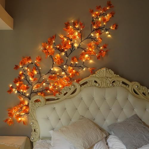 Image of Cherry Blossom Lights with 72 Maple Leaves, Wall Light White Decorative Tree Light for Bedroom & Living Room, Flexible Branch Wall Decor, Decorative Fairy String Lights