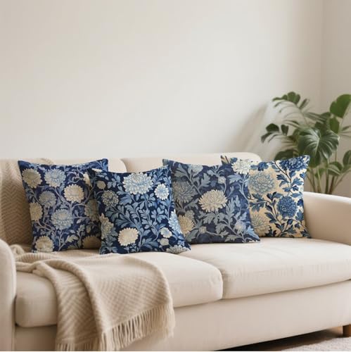 Housse de coussin bleu 35 x 35 cm en lin beige de qualité supérieure
