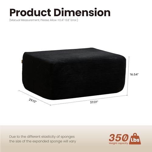 Image of ovios 37 inch Corduroy Ottoman, Upholstered Cloud Ottoman for Boneless Couch in a Box, Modular Sectional Couches for Living Room Bedroom, Compressed Memory Foam, No Assembly Require, Black