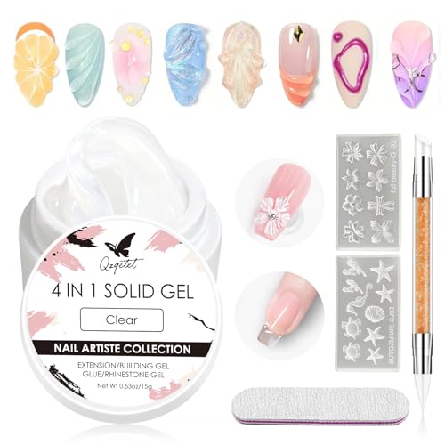 Gel de construcción sólido 4 en 1, 15 g, gel 3D para uñas de gel, escultura y extensión de uñas, antiadherente para bricolaje y salón de uñas, diseño de uñas 3D (transparente)