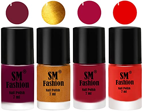 Image of Nail Polish Combo Set (Pack of 4) Quick Dry Gel Finish Nail Paint | Mulberry,Golden,Raspberry,Fire Orange | 7 ml Each