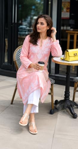 StyleScope Rayon Floral Embroidered Long Kurti Orange Peach - Image 6