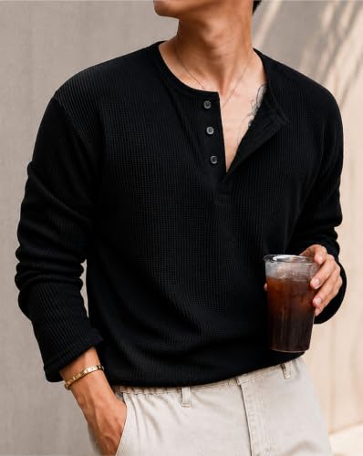 Image of AUSK Men's Textured Henley T-Shirt || Full Sleeve Ribbed Knit Button Neck T Shirt for Men || Regular Fit Casual Wear Tee || Smart Casual Tshirt for Mens
