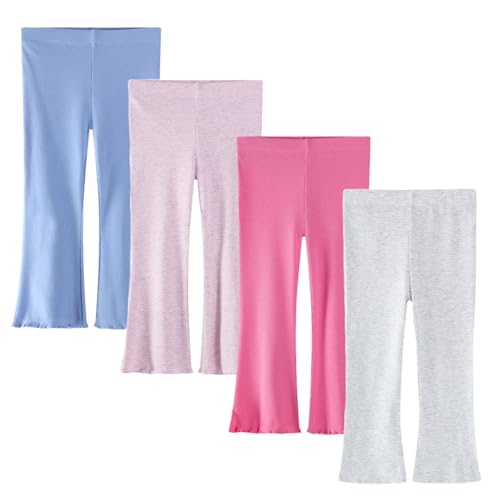 Image of Baby Toddler Girl Flare Pants 4 Pack Girls Ribbed Cotton Leggings | Soft & Stretch,Wide Leg,Comfy Elastic Waistband,Pull-On Style,Solid Color,Ruffle Bell Bottom Pants,Casual Fall Winter Clothes