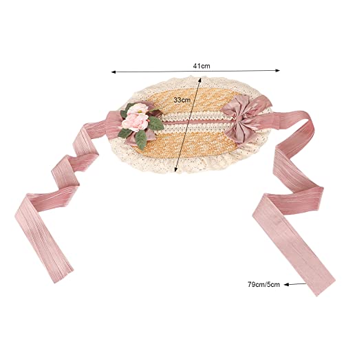 Girls Women Victorian Straw Hats Tea Party Bows Costume Sun Hat with Lace Flower2