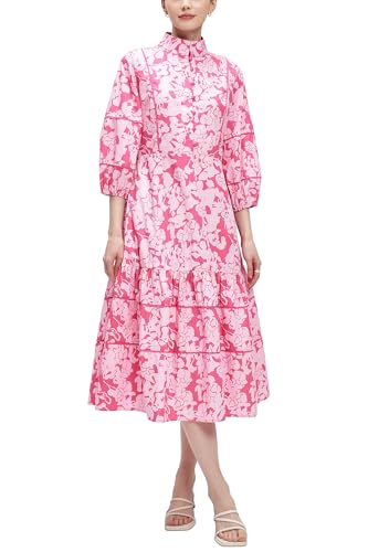 Image of D-Sun Women Floral Maxi Dress Elegant Printed Button Down 3 /4 Puff Sleeve Tiered A-Line Flowy Party Long Dress with Pocket