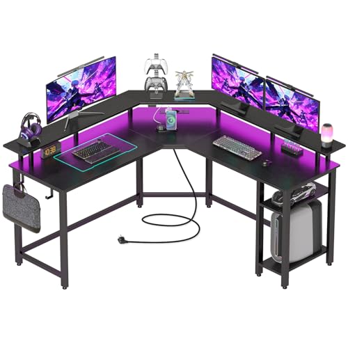 Rolanstar Computertisch L Form mit RGB & Steckdosen, Reversibler Eckschreibtisch Gaming Tisch mit Ablagefläche & 2 Haken, Computertisch für Büro Arbeitszimmer Schlafzimmer (Schwarz,135cm)