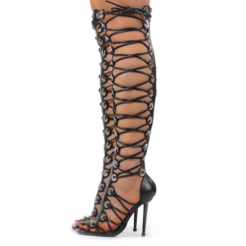STUPMARY Women Peep Toe Sandals Cut-outs Cross-tied Lace Up High Heeled Gladiator Sandals Zipper Over The Knee Bootie Summer2