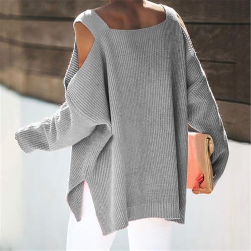 Women's Cold Shoulder Oversized Sweater Long Sleeve Square Neck Chunky Knit Fall Women's Strapless Sweater Top3