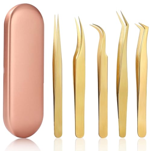 Giwnhvx Juego de pinzas de pestañas de alta precisión, 5 pinzas de acero inoxidable para extensiones clásicas y de volumen