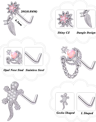 Tornito 12Pcs Nose Ring Nose Stud L Shaped Snake Butterfly CZ Flower Moon Dangle Nose Rings Stud for Women Men Silver Gold Tone 20G2