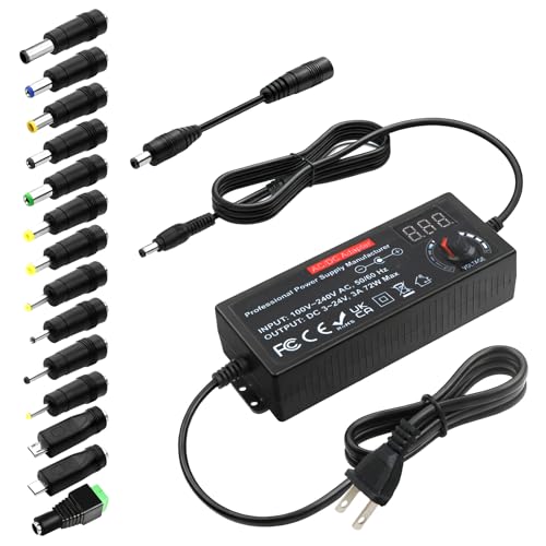Universal AC to DC Adapter Adjustable 3V ~ 24V 3A 72W DC Power Supply, 100V-240V AC to 3V 5V 6V 9V 12V 15V 18V 19V 20V 24V Transformer with 14 Tips and Polarity Converter