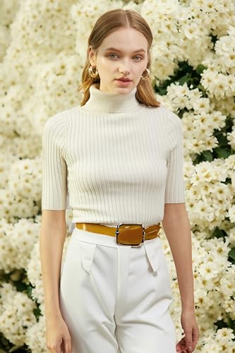 Image of v28 Women Turtleneck 1 /2 Half Sleeve Highly Stretchy Ribbed Knit Fitted Sweater