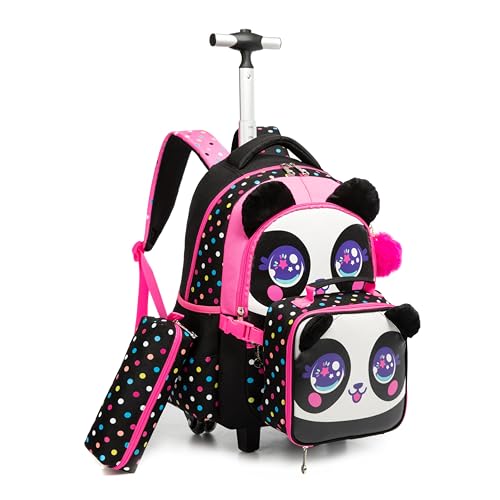 Mochilas de Rodinhas Infantis CUTBLAJAT - Conjunto de 3 peças com lancheira e estojo - Para meninas - Padrão de panda com pontos coloridos pretos