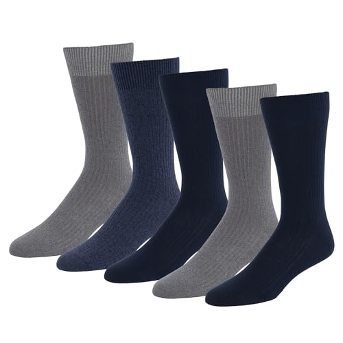 Amazon Essentials Men's Patterned Dress Crew Socks, 5 Pairs, Dark Blue/Grey/Navy, 8-12