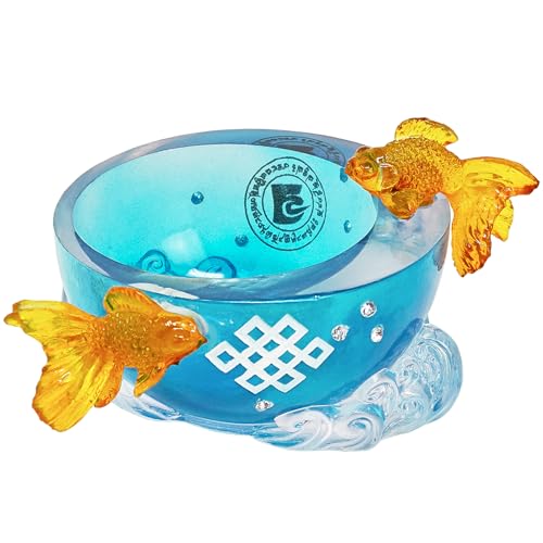 Juanxian Cuenco doble de prosperidad para peces, símbolo de abundancia china con nudo místico y moneda, cuenco decorativo de cerámica para decoración de esquina del hogar y riqueza W5793