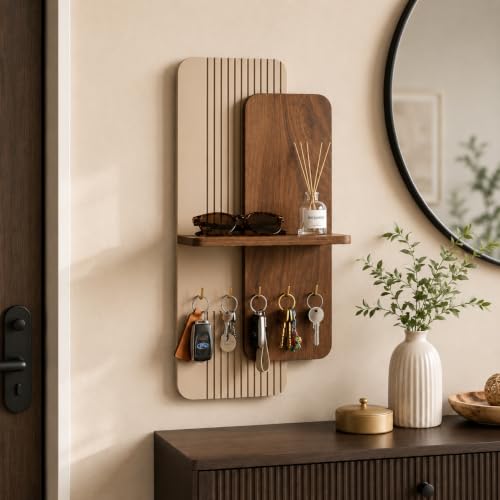 Image of Home Sparkle Wall Mounted Key Holder for Home Entrance with Shelf | Premium MDF Wood Organizer with Paint Finish | Modern Key Hanger Rack with 5 Hooks for Keys & Daily Essentials |Walnut & Ivory White