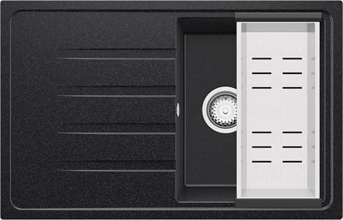 PRIMAGRAN Fregadero Cocina Grafito 78x50cm, Granito 1 Seno + Sifón, Sobre encimera al mueble 45cm - Milano S036